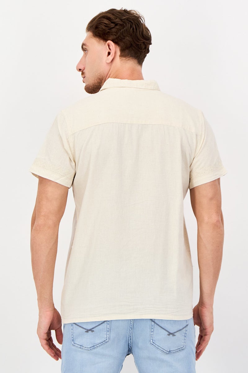 Threadbare Men Regular Fit Embroidered Short Sleeve Casual Shirt, Beige - Image 3